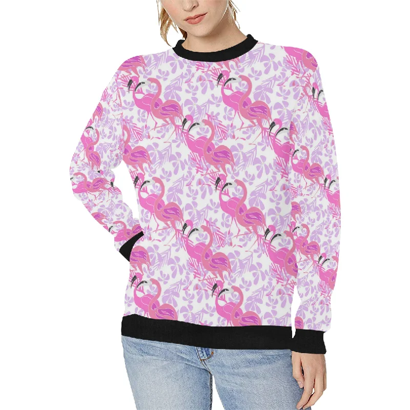 Pink flamingo flower pattern Women's Crew Neck Sweatshirt Hoodie with Ribbed Cuffs Snug Fit Comfort Pink flamingo flower pattern Women's Crew Neck Sweatshirt Hoodie with Ribbed Cuffs Snug Fit Comfort