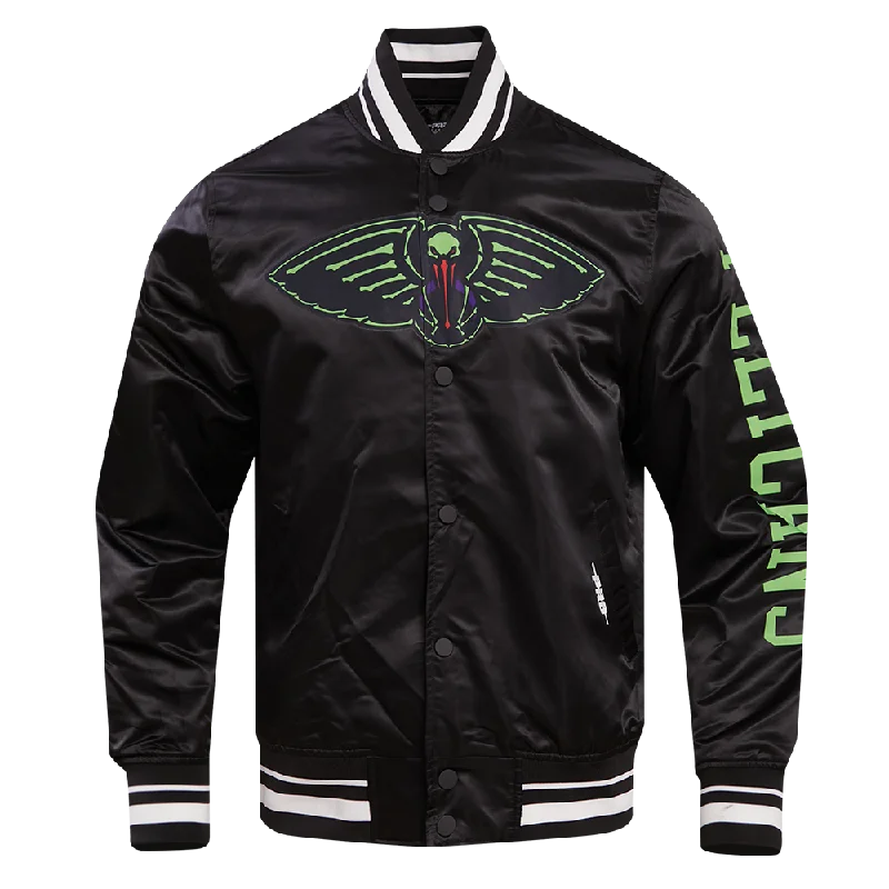 NBA NEW ORLEANS PELICANS MARDI GRAS MEN'S CHEST RIB SATIN JACKET (BLACK) Zippered Front Buttoned Front Snap Front NBA NEW ORLEANS PELICANS MARDI GRAS MEN'S CHEST RIB SATIN JACKET (BLACK) Zippered Front Buttoned Front Snap Front