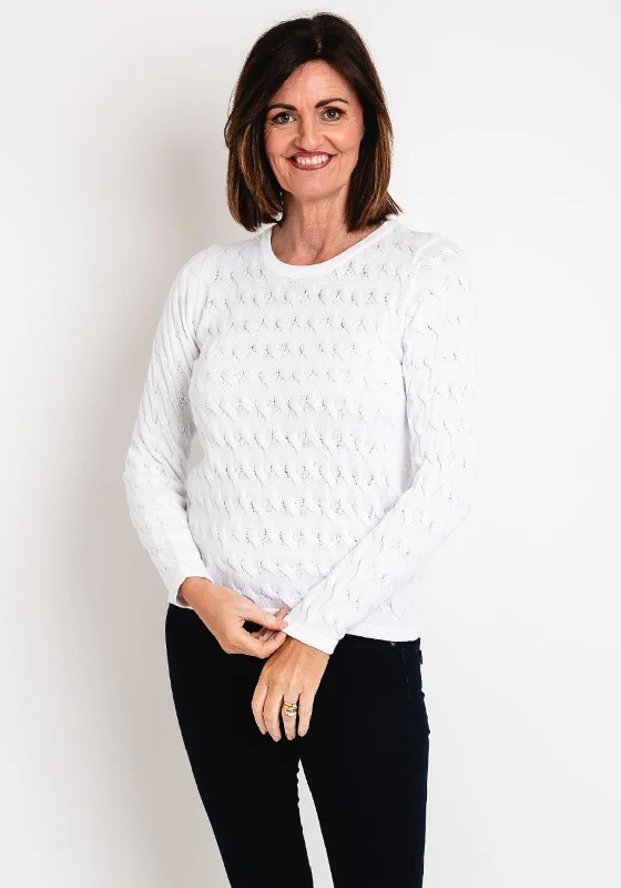 Micha Round Neck Cable Knit Sweater, White Fleece Sweater Nylon Polyester