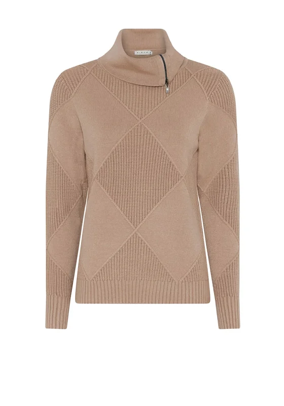 Micha Zip Neck Diamond Knit Jumper, Camel Chenille Brocade Lace