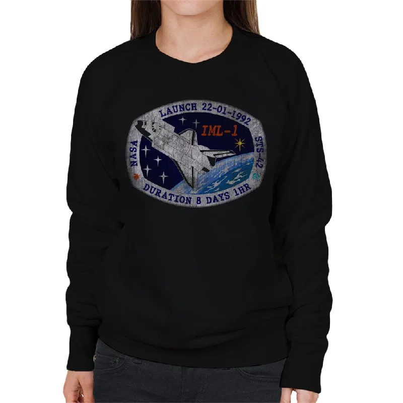 NASA STS 42 Discovery Mission Badge Distressed Women's Sweatshirt Hoodie with Gradient Ombre Colorful NASA STS 42 Discovery Mission Badge Distressed Women's Sweatshirt Hoodie with Gradient Ombre Colorful