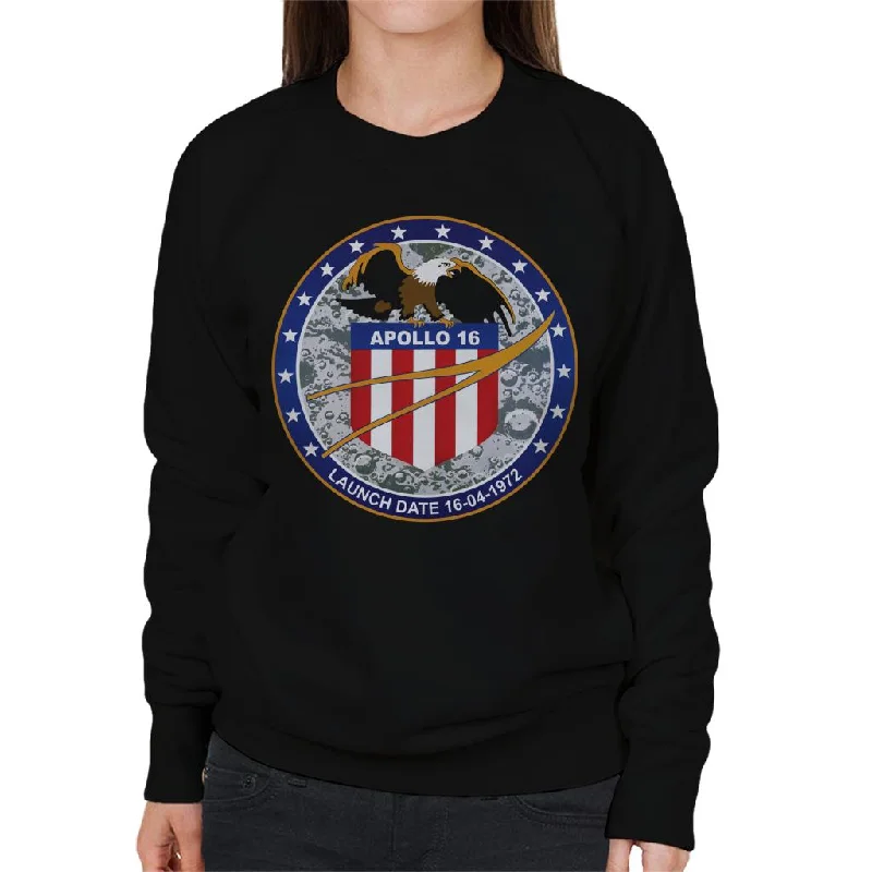 NASA Apollo 16 Mission Badge Women's Sweatshirt Hoodie with Illustration Artistic Creative NASA Apollo 16 Mission Badge Women's Sweatshirt Hoodie with Illustration Artistic Creative