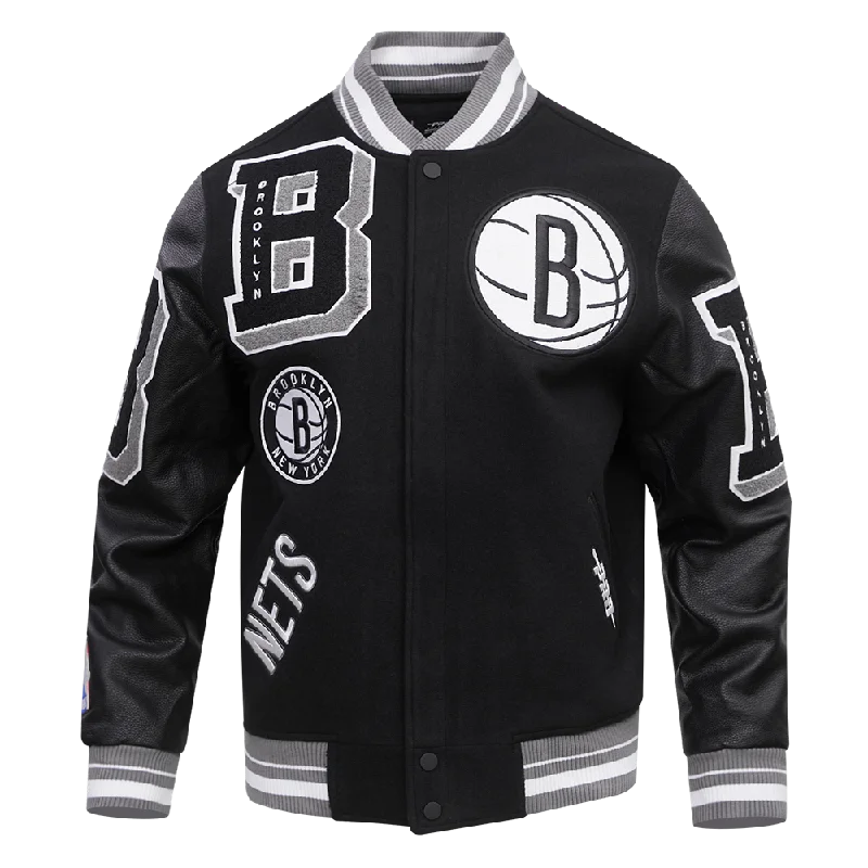 NBA BROOKLYN NETS MASHUP MEN'S RIB WOOL VARSITY JACKET (BLACK/GRAY) Striped Jacket Polka Dot Jacket Floral Jacket NBA BROOKLYN NETS MASHUP MEN'S RIB WOOL VARSITY JACKET (BLACK/GRAY) Striped Jacket Polka Dot Jacket Floral Jacket