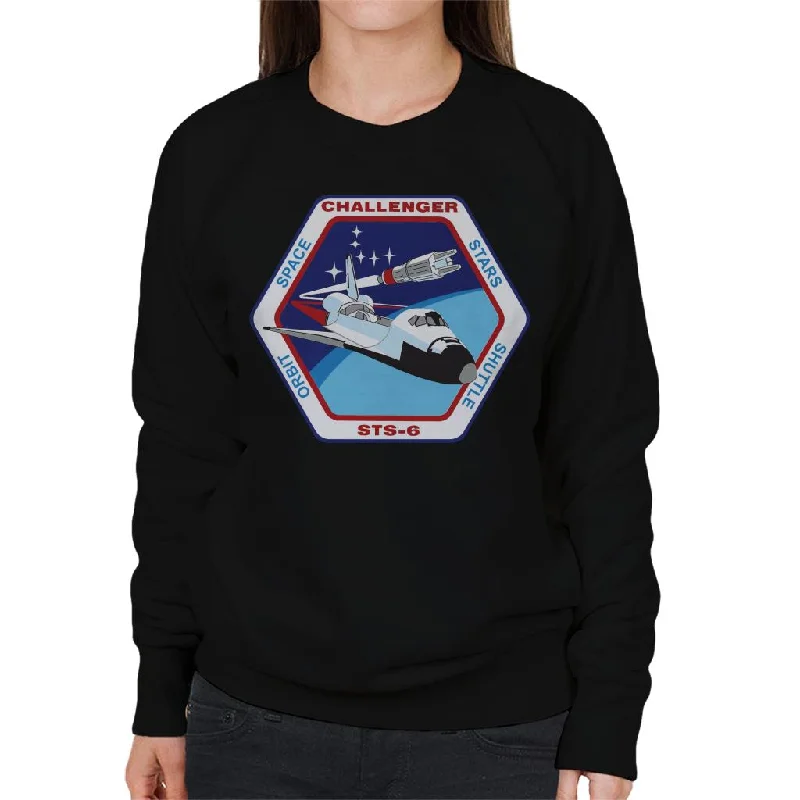 NASA STS 6 Space Shuttle Challenger Mission Patch Women's Sweatshirt Hoodie with Metallic Shiny Futuristic NASA STS 6 Space Shuttle Challenger Mission Patch Women's Sweatshirt Hoodie with Metallic Shiny Futuristic