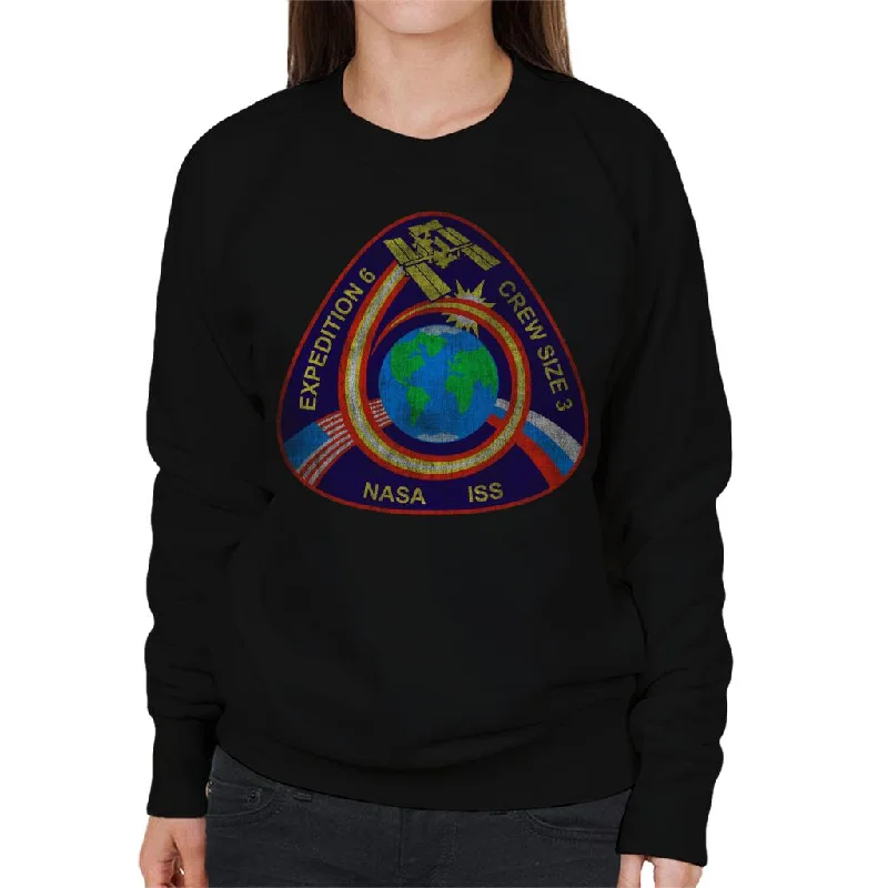 NASA ISS Expedition 6 STS 113 Mission Badge Distressed Women's Sweatshirt Hoodie with Hem Frayed Vintage Worn NASA ISS Expedition 6 STS 113 Mission Badge Distressed Women's Sweatshirt Hoodie with Hem Frayed Vintage Worn