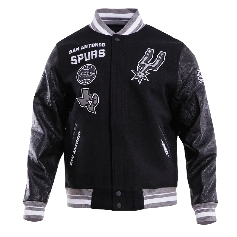 NBA SAN ANTONIO SPURS RETRO CLASSIC MEN'S RIB WOOL VARSITY JACKET (BLACK/GRAY) Wool Jacket Cashmere Jacket Tweed Jacket NBA SAN ANTONIO SPURS RETRO CLASSIC MEN'S RIB WOOL VARSITY JACKET (BLACK/GRAY) Wool Jacket Cashmere Jacket Tweed Jacket