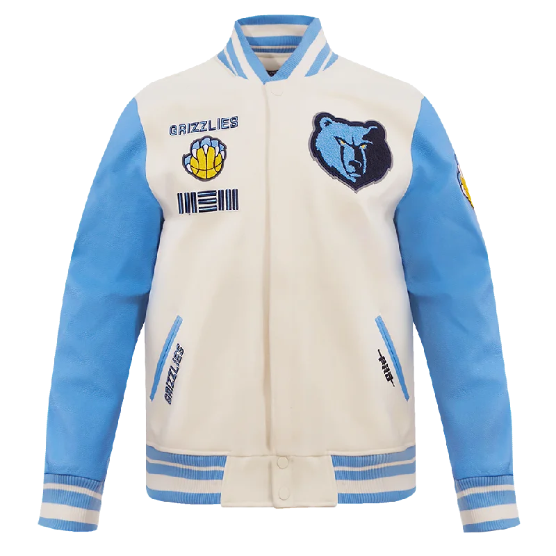 NBA MEMPHIS GRIZZLIES RETRO CLASSIC MEN'S RIB WOOL VARSITY JACKET (EGGSHELL/UNIVERSAL BLUE) Collared Jacket Crew Neck Jacket Turtle Neck Jacket NBA MEMPHIS GRIZZLIES RETRO CLASSIC MEN'S RIB WOOL VARSITY JACKET (EGGSHELL/UNIVERSAL BLUE) Collared Jacket Crew Neck Jacket Turtle Neck Jacket