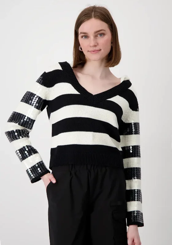 Monari Sequin Sleeve Striped Jumper, Black & White Embroidered Appliqued Beaded