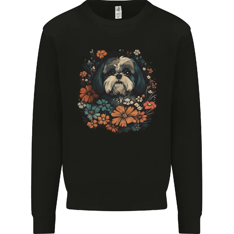A Shih Tzu Dog With Flowers Mens Sweatshirt Jumper Hoodie with Applique Textured Unique A Shih Tzu Dog With Flowers Mens Sweatshirt Jumper Hoodie with Applique Textured Unique