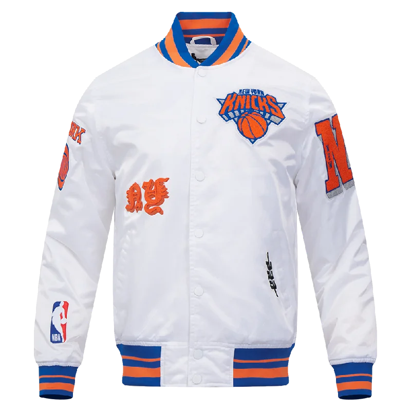 NBA NEW YORK KNICKS OLD ENGLISH MEN'S RIB SATIN JACKET (WHITE/ROYAL BLUE/ORANGE) Cotton Jacket Linen Jacket Terry Jacket NBA NEW YORK KNICKS OLD ENGLISH MEN'S RIB SATIN JACKET (WHITE/ROYAL BLUE/ORANGE) Cotton Jacket Linen Jacket Terry Jacket