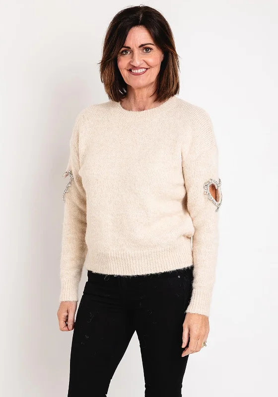 Serafina Collection One Size Heart Cut-Out Sweater, Beige Fitted Slim Tailored