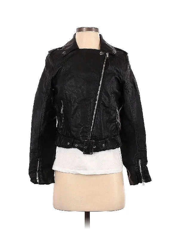 Faux Leather Jacket Hooded Jacket Caped Jacket Shawl Collar Jacket