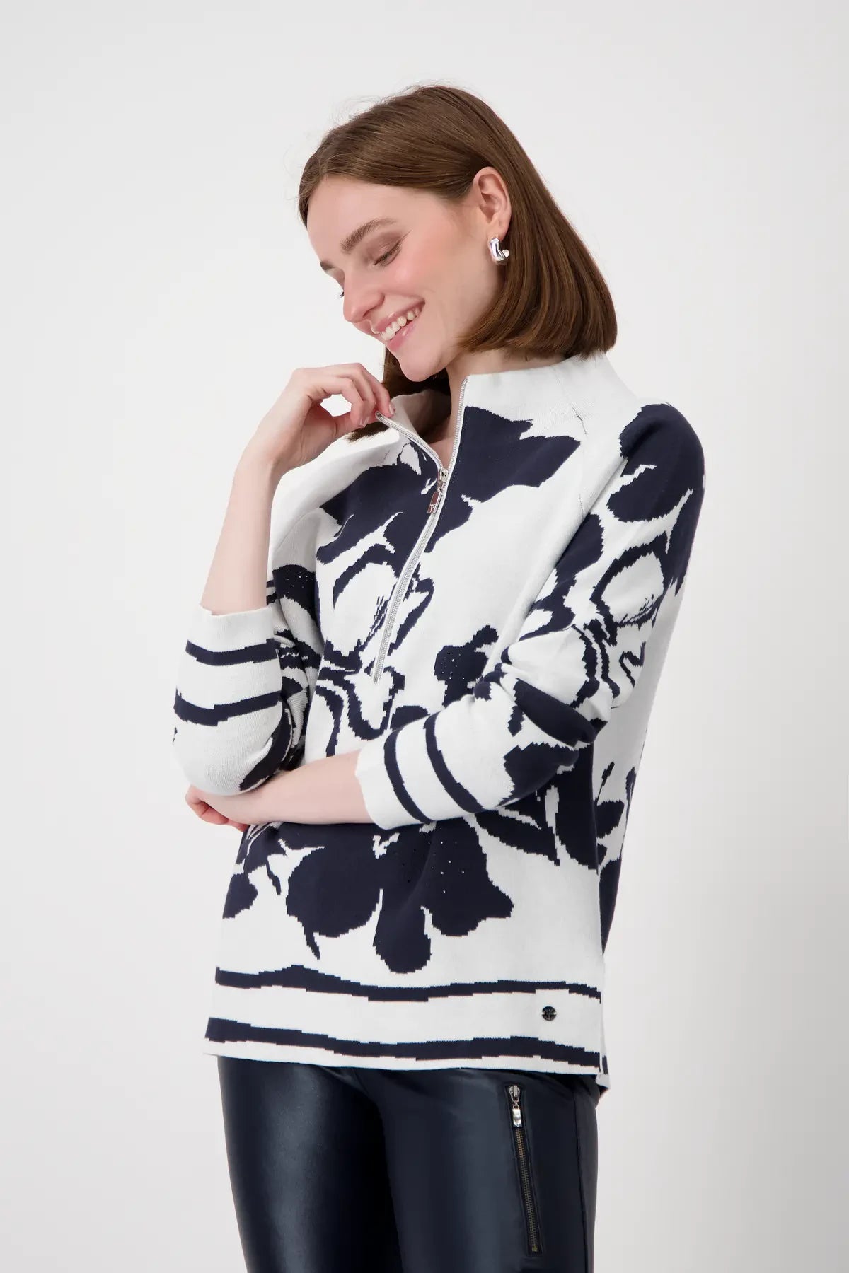 Morari Floral Jacquard Half Zip Jumper, Light Grey Stylish Fashionable Trendy