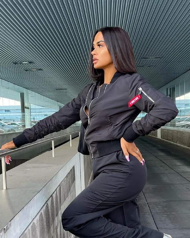 XXIII Women's Cropped Bomber Jacket Black Tiered Jacket Buttoned Jacket Zippered Jacket XXIII Women's Cropped Bomber Jacket Black Tiered Jacket Buttoned Jacket Zippered Jacket