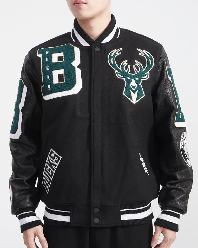 NBA MILWAUKEE BUCKS MASHUP MEN'S RIB WOOL VARSITY JACKET (BLACK) Faux Fur Fabric Real Fur Fabric Shearling Fabric NBA MILWAUKEE BUCKS MASHUP MEN'S RIB WOOL VARSITY JACKET (BLACK) Faux Fur Fabric Real Fur Fabric Shearling Fabric
