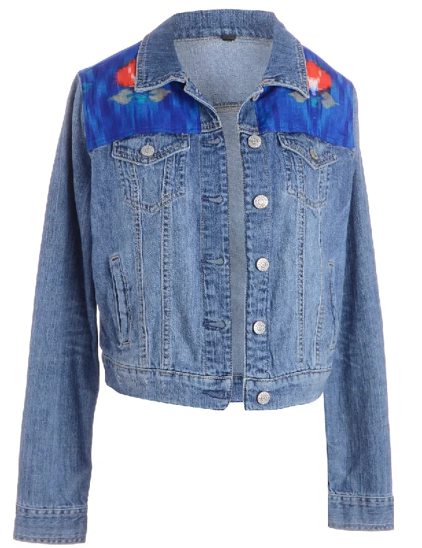 Label Patterned Panel Denim Jacket Denim Fabric Leather Fabric Suede Fabric