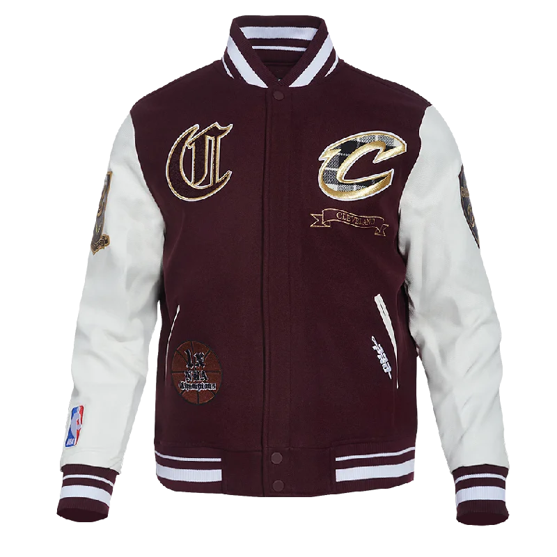 NBA CLEVELAND CAVALIERS PRO PREP MEN'S WOOL VARSITY JACKET (WINE/WHITE) Stand-Up Collar Roll-Neck Collar Turtle Neck NBA CLEVELAND CAVALIERS PRO PREP MEN'S WOOL VARSITY JACKET (WINE/WHITE) Stand-Up Collar Roll-Neck Collar Turtle Neck