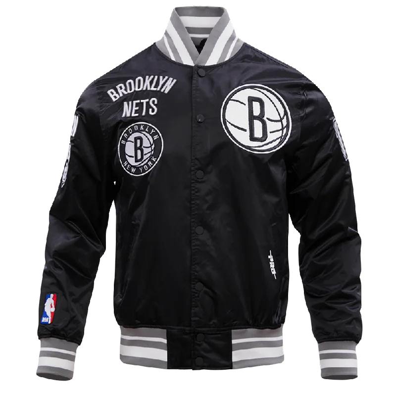 NBA BROOKLYN NETS RETRO CLASSIC MEN'S RIB SATIN JACKET (BLACK/GRAY) V-Neck Jacket Boat Neck Jacket Square Neck Jacket NBA BROOKLYN NETS RETRO CLASSIC MEN'S RIB SATIN JACKET (BLACK/GRAY) V-Neck Jacket Boat Neck Jacket Square Neck Jacket