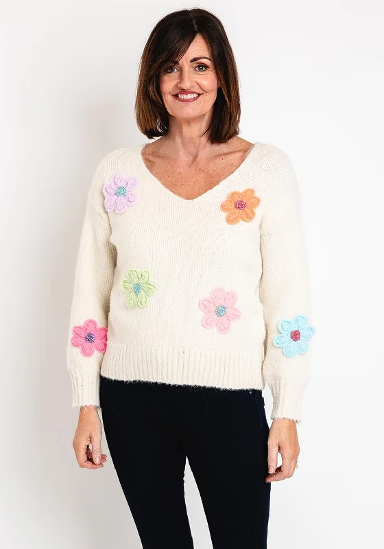 Serafina Collection One Size Knitted Flower Applique Sweater, Beige Stretchy Elastic Breathable Serafina Collection One Size Knitted Flower Applique Sweater, Beige Stretchy Elastic Breathable