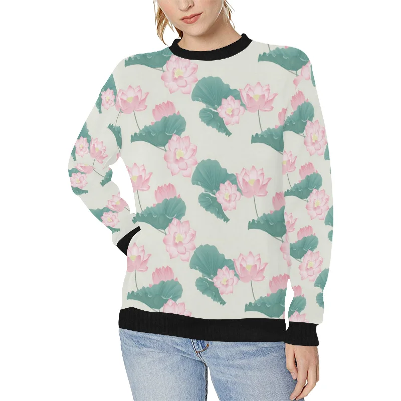 Pink lotus waterlily leaves pattern Women's Crew Neck Sweatshirt Hoodie with Batwing Sleeves Loose Dramatic Pink lotus waterlily leaves pattern Women's Crew Neck Sweatshirt Hoodie with Batwing Sleeves Loose Dramatic