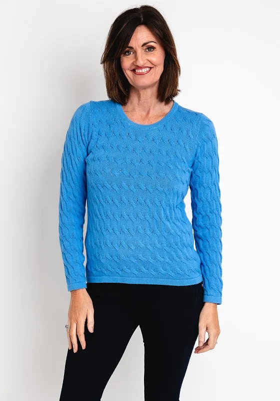 Micha Round Neck Cable Knit Sweater, Blue Spandex Rayon Corduroy