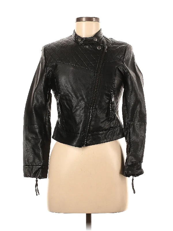 Faux Leather Jacket Notch Collar Peter Pan Collar Cowl Neck