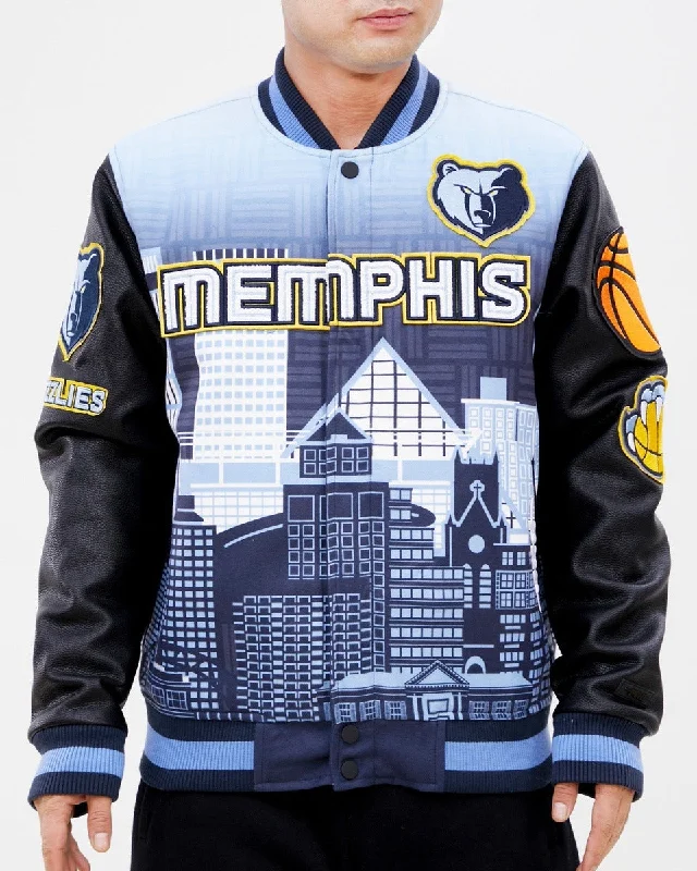 NBA MEMPHIS GRIZZLIES REMIX VARSITY MEN'S JACKET (BLUE) Print Jacket Jacquard Jacket Patchwork Jacket NBA MEMPHIS GRIZZLIES REMIX VARSITY MEN'S JACKET (BLUE) Print Jacket Jacquard Jacket Patchwork Jacket
