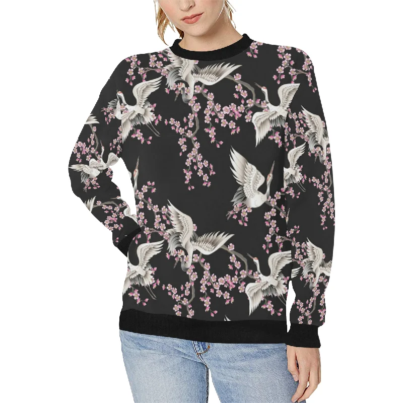 Japanese crane pink sakura pattern Women's Crew Neck Sweatshirt Hoodie with Print Artistic Unique