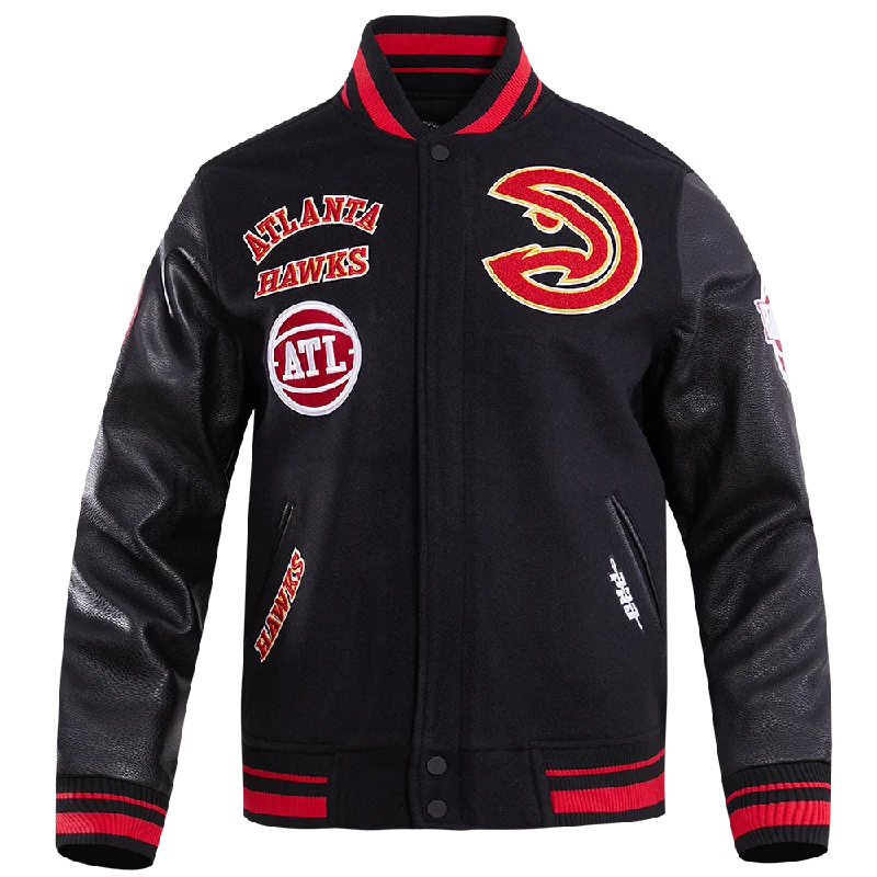 NBA ATLANTA HAWKS RETRO CLASSIC MEN'S RIB WOOL VARSITY JACKET (BLACK/RED/BLACK) Zippered Jacket Buttoned Jacket Snapped Jacket NBA ATLANTA HAWKS RETRO CLASSIC MEN'S RIB WOOL VARSITY JACKET (BLACK/RED/BLACK) Zippered Jacket Buttoned Jacket Snapped Jacket