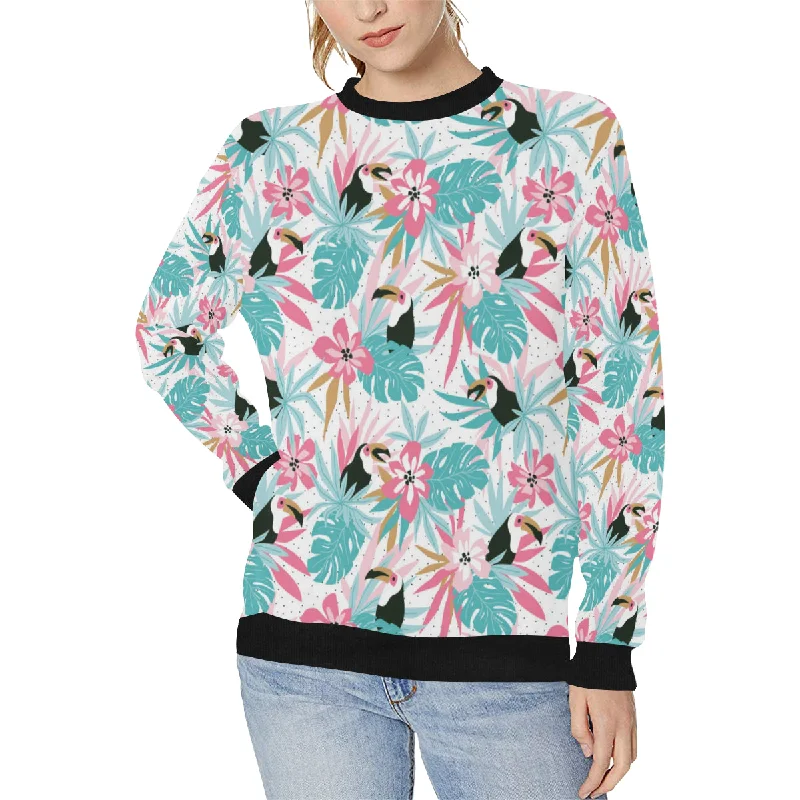 Toucan tropical flower leave pattern Women's Crew Neck Sweatshirt Hoodie with Emblem Brand Identity Toucan tropical flower leave pattern Women's Crew Neck Sweatshirt Hoodie with Emblem Brand Identity