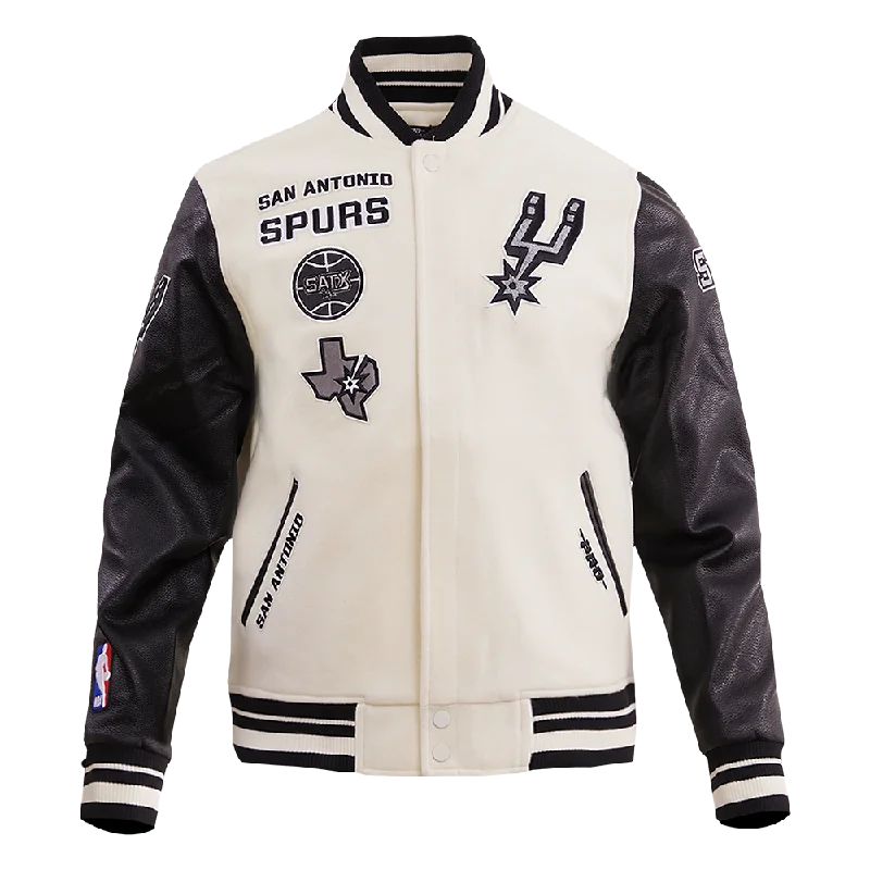 NBA SAN ANTONIO SPURS RETRO CLASSIC MEN'S RIB WOOL VARSITY JACKET (EGGSHELL/ BLACK) Faux Fur Jacket Real Fur Jacket Shearling Jacket NBA SAN ANTONIO SPURS RETRO CLASSIC MEN'S RIB WOOL VARSITY JACKET (EGGSHELL/ BLACK) Faux Fur Jacket Real Fur Jacket Shearling Jacket
