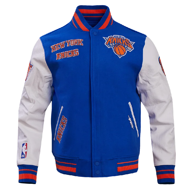 NBA NEW YORK KNICKS RETRO CLASSIC MEN'S RIB WOOL VARSITY JACKET (ROYAL BLUE/ORANGE) Wool Jacket Cashmere Jacket Tweed Jacket