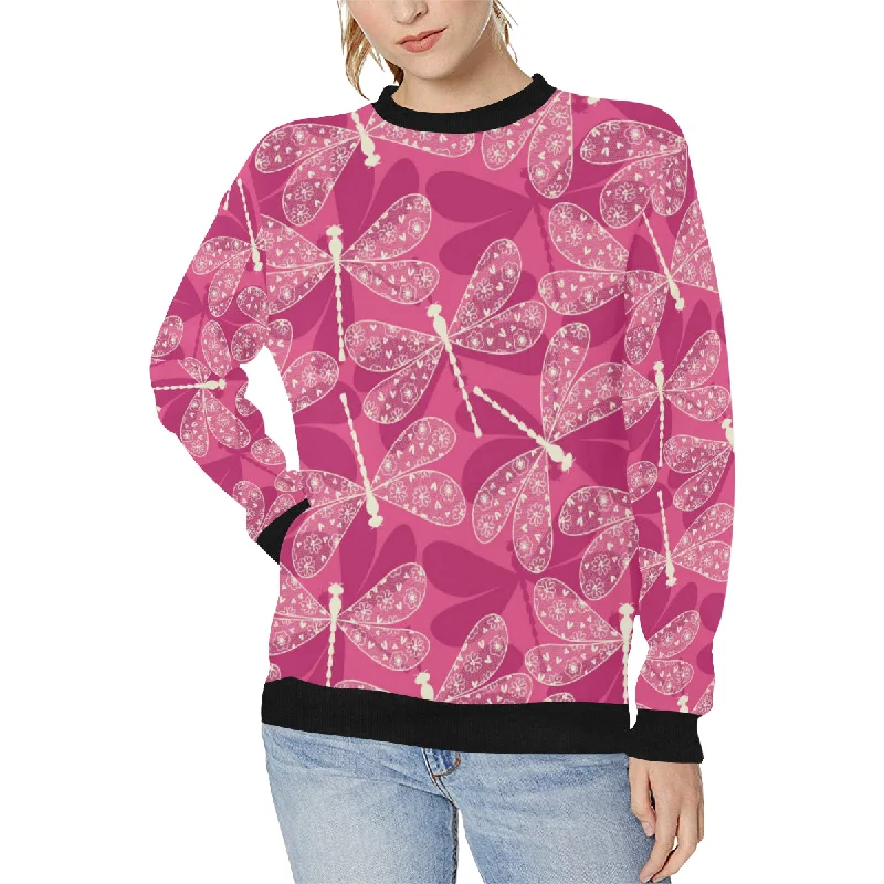 Beautiful dragonfly pink background Women's Crew Neck Sweatshirt Hoodie with Hem Elastic Stretchable Comfortable Beautiful dragonfly pink background Women's Crew Neck Sweatshirt Hoodie with Hem Elastic Stretchable Comfortable