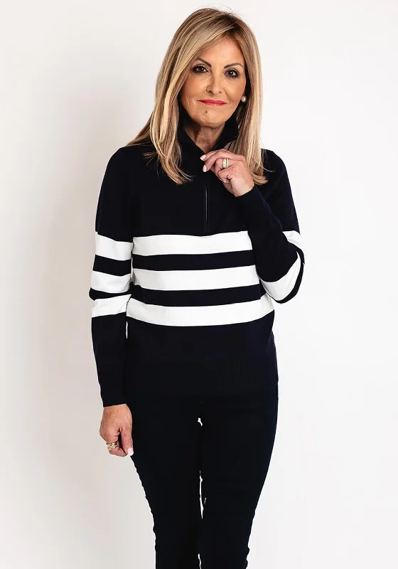 Micha Striped Quarter Zip Knitted Sweater, Navy & Off-White Zippered Front Buttoned Front Snap Front Micha Striped Quarter Zip Knitted Sweater, Navy & Off-White Zippered Front Buttoned Front Snap Front