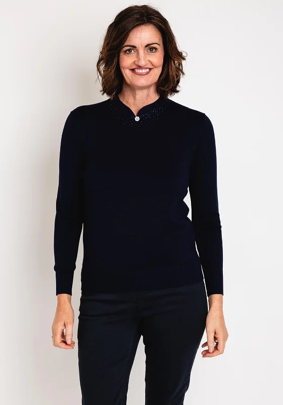 Castle of Ireland Embellished Notch Neckline Sweater, Night Sky Cashmere Blend Cotton Blend Poly Blend Castle of Ireland Embellished Notch Neckline Sweater, Night Sky Cashmere Blend Cotton Blend Poly Blend