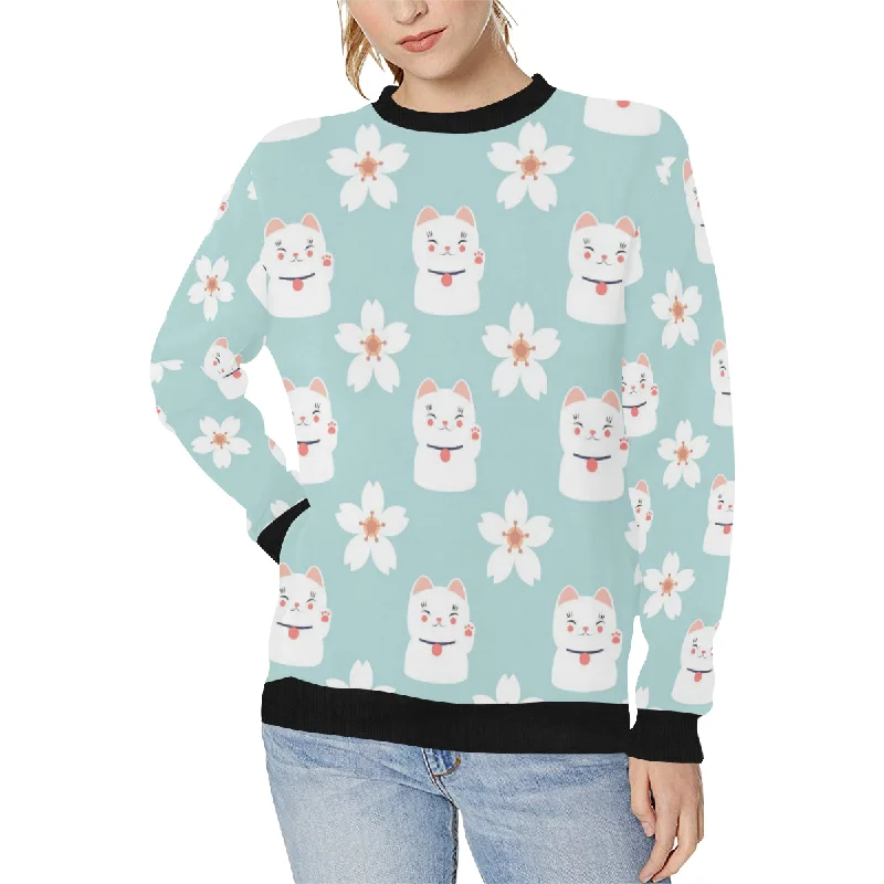Maneki neko cat sakura Women's Crew Neck Sweatshirt Hoodie with Cropped Fit Short Trendy Maneki neko cat sakura Women's Crew Neck Sweatshirt Hoodie with Cropped Fit Short Trendy