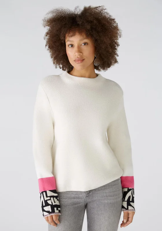 Oui High Neck Geometric Cuff Jumper, Cream Spandex Blend Rayon Blend Denim Blend