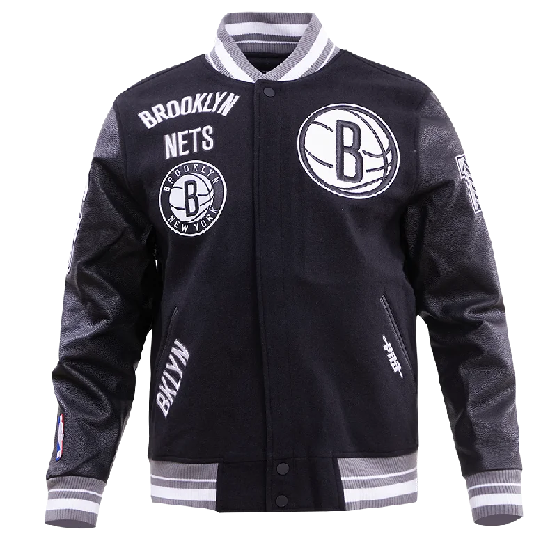 NBA BROOKLYN NETS RETRO CLASSIC MEN'S RIB WOOL VARSITY JACKET (BLACK/GREY) V-Neck Jacket Boat Neck Jacket Square Neck Jacket NBA BROOKLYN NETS RETRO CLASSIC MEN'S RIB WOOL VARSITY JACKET (BLACK/GREY) V-Neck Jacket Boat Neck Jacket Square Neck Jacket