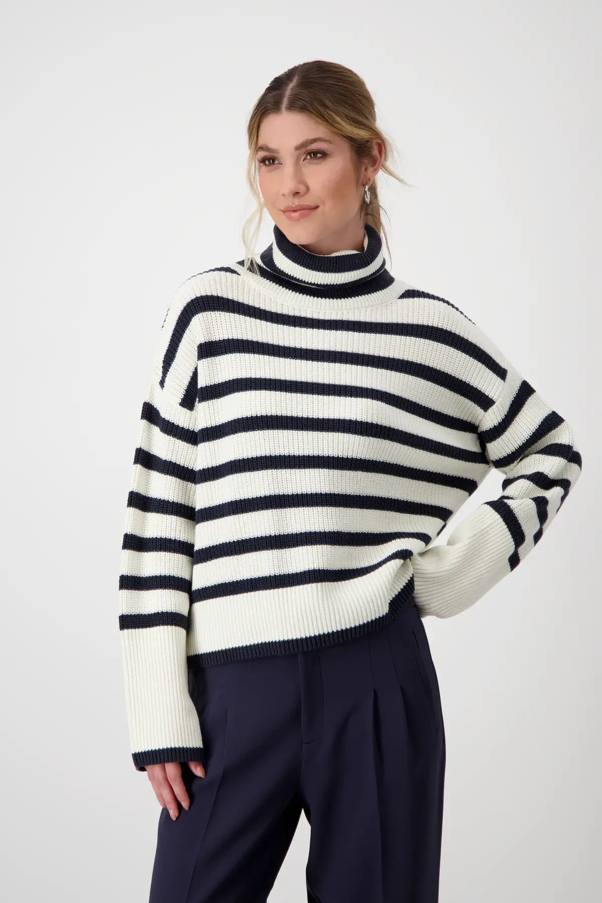 Monari Striped Polo Neck Jumper, White and Navy Casual Formal Business