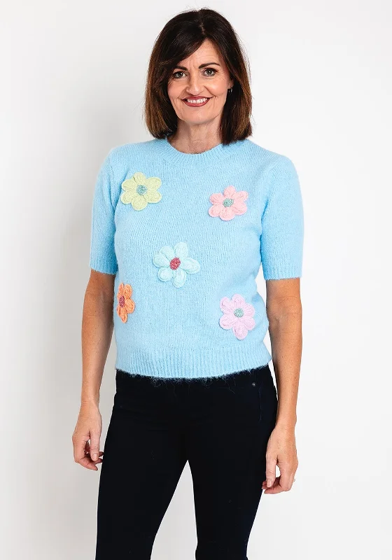 Serafina Collection One Size Knitted Flower Applique Sweater, Blue Seamless Knitted Crochet Serafina Collection One Size Knitted Flower Applique Sweater, Blue Seamless Knitted Crochet