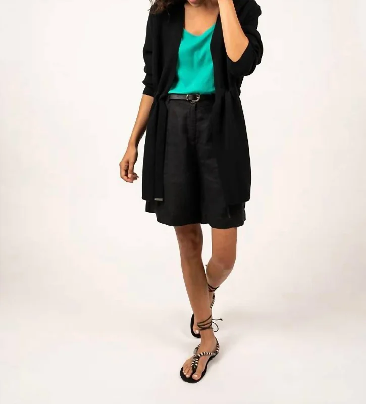 Caudan Long Knit Jacket With Tie Waist In Black Cardigan Sweater Pullover