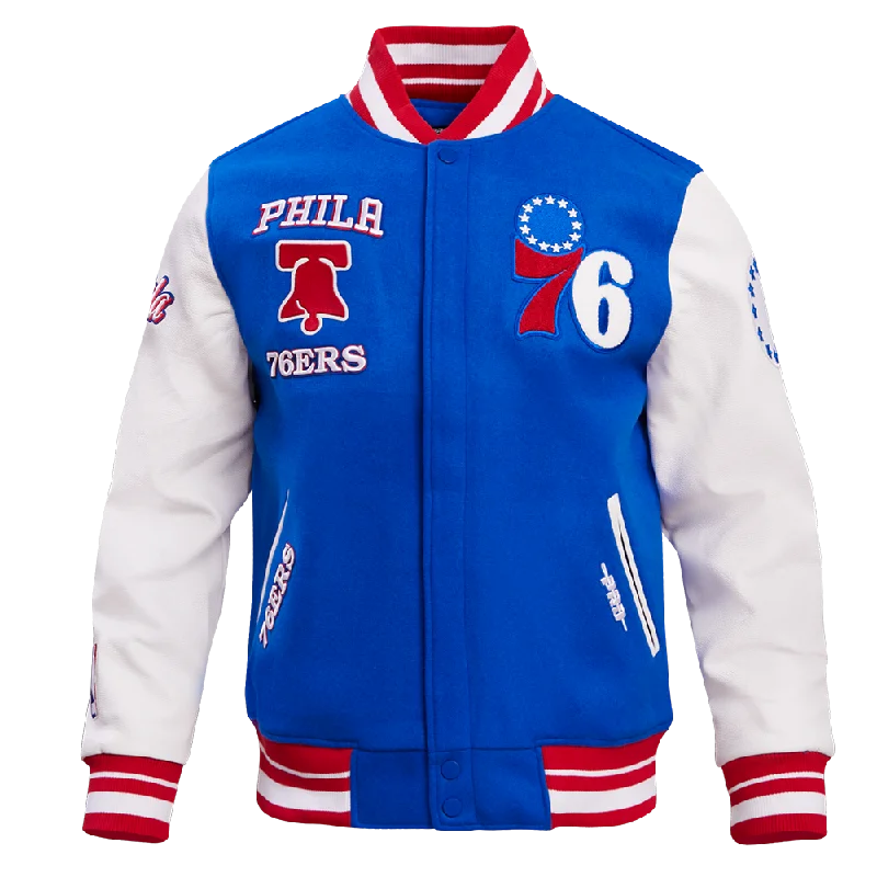 NBA PHILADELPHIA 76ERS RETRO CLASSIC MEN'S RIB WOOL VARSITY JACKET (ROYAL/RED) Quilted Jacket Puffer Jacket Insulated Jacket NBA PHILADELPHIA 76ERS RETRO CLASSIC MEN'S RIB WOOL VARSITY JACKET (ROYAL/RED) Quilted Jacket Puffer Jacket Insulated Jacket