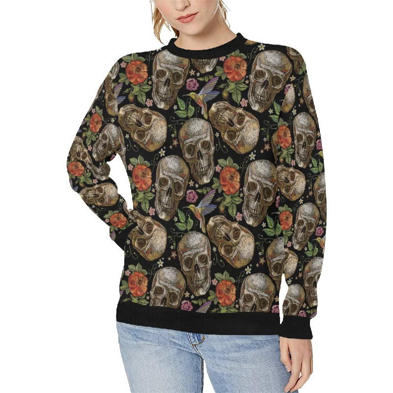Skull rose humming bird flower pattern Women's Crew Neck Sweatshirt Hoodie with Hem Ribbing Snug Secure Skull rose humming bird flower pattern Women's Crew Neck Sweatshirt Hoodie with Hem Ribbing Snug Secure