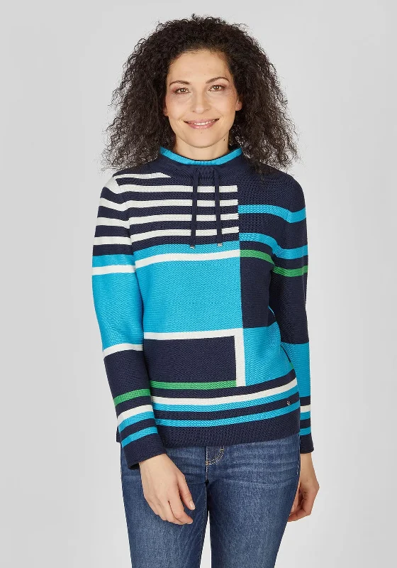 Rabe Drawstring Collar Striped Sweater, Blue Turtle Neck Boat Neck Asymmetrical Neck Rabe Drawstring Collar Striped Sweater, Blue Turtle Neck Boat Neck Asymmetrical Neck