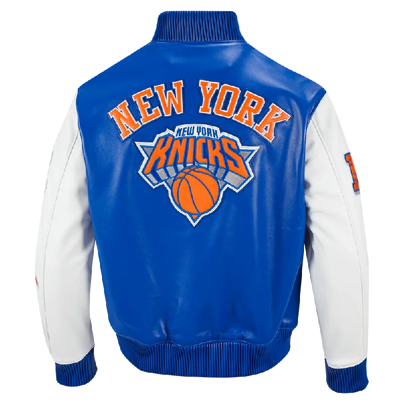 NBA NEW YORK KNICKS CITY SIGNATURE MEN'S LEATHER VARSITY JACKET (ROYAL BLUE/WHITE) Cardigan Sweater Pullover NBA NEW YORK KNICKS CITY SIGNATURE MEN'S LEATHER VARSITY JACKET (ROYAL BLUE/WHITE) Cardigan Sweater Pullover