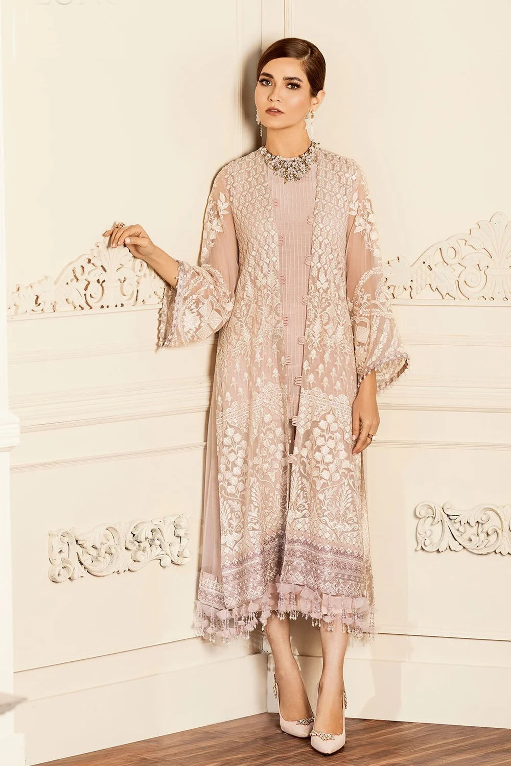 Blush Pink Embroidered Chiffon Jacket Palazzo Set Notch Collar Peter Pan Collar Cowl Neck Blush Pink Embroidered Chiffon Jacket Palazzo Set Notch Collar Peter Pan Collar Cowl Neck