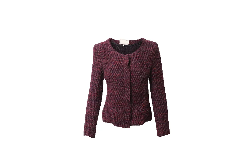 IRO Fringed Tweed Evening Jacket in Burgundy Wool Fleece Fabric Down Fabric Feather Fabric IRO Fringed Tweed Evening Jacket in Burgundy Wool Fleece Fabric Down Fabric Feather Fabric