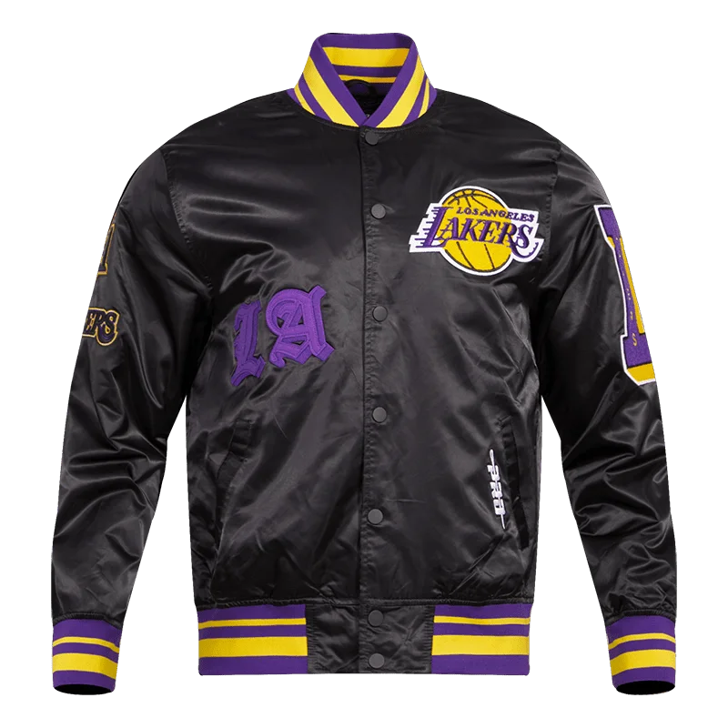 NBA LOS ANGELES LAKERS OLD ENGLISH LOGO MEN'S SATIN JACKET (BLACK/PURPLE) A-Line Jacket Boat Neck Shawl Collar NBA LOS ANGELES LAKERS OLD ENGLISH LOGO MEN'S SATIN JACKET (BLACK/PURPLE) A-Line Jacket Boat Neck Shawl Collar