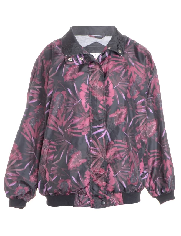 Label Patterned Bomber Jacket Zippered Front Buttoned Front Snap Front