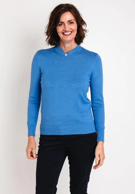 Castle of Ireland Embellished Notch Neckline Sweater, Lake Blue Chenille Blend Fleece Blend Nylon Blend Castle of Ireland Embellished Notch Neckline Sweater, Lake Blue Chenille Blend Fleece Blend Nylon Blend